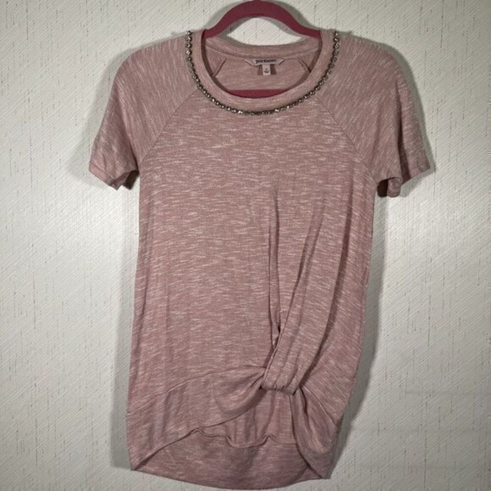 Juicy Couture Women's S Pink Soft Knit Embellished Short Sleeve Twist Front Top